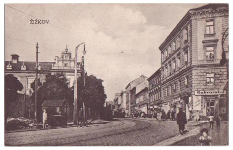 Koněvova ulice se sokolovnou (kolem 1920)