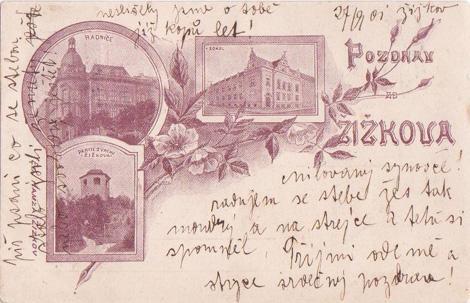 Sokolovna spolu s radnicí a vyhlídkou na Vítkově (1901)