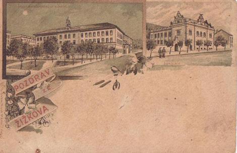 Sokolovna a škola na Komenského náměstí (asi 1899)