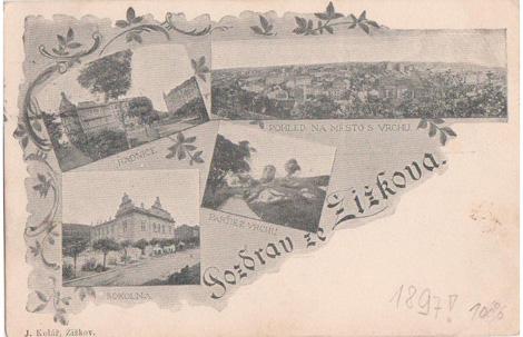 Sokolovna jako častý motiv víceokénkových pohlednic (1899)